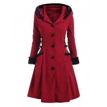 

Hooded Faux Fur Insert Lace Up Longline Coat, Deep red