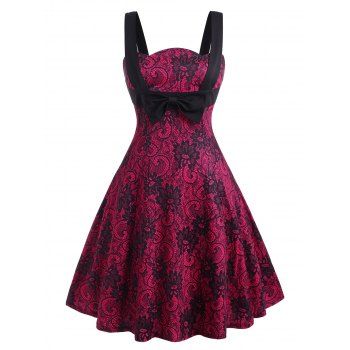 

Printed Bowknot Straps Plus Size Vintage Dress, Red