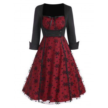 

Snowflake Mesh Panel Vintage Flare Dress, Deep red