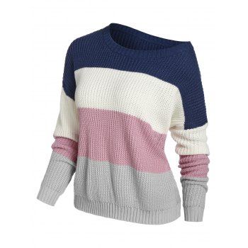 

Plus Size Colorblock Skew Collar Drop Shoulder Sweater, Multicolor