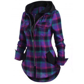 

Plaid Double Zipper Pocket Hooded Shirt Jacket, Purple