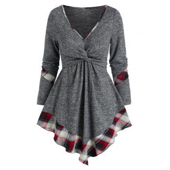 

Twist Front Plaid Pointed Hem Sweater, Gray