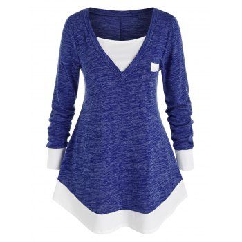 

Plus Size Space Dye Front Pocket Contrast Long Sleeve Tee, Navy blue