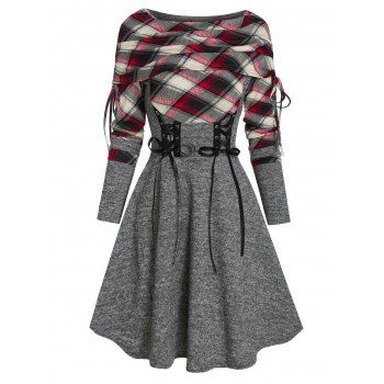 

Plaid Print Lace-up Cinched Sweater Dress, Gray