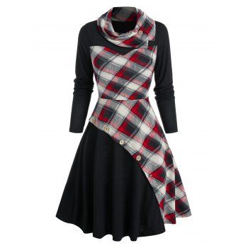 

Plaid Print Mock Button Twofer Dress, Black