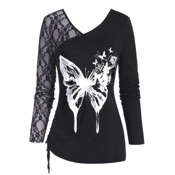 

Lace Panel Butterfly Print Side Cinched Top, Black