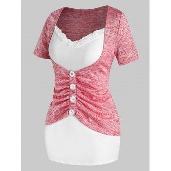 

Plus Size Mock Button Ruched Twofer T Shirt, Blush red