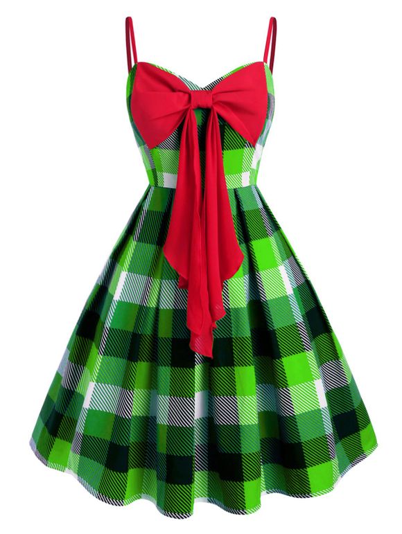 Mini Robe à Bretelle à Carreaux avec Nœud Papillon de Grande Taille - Vert 2X