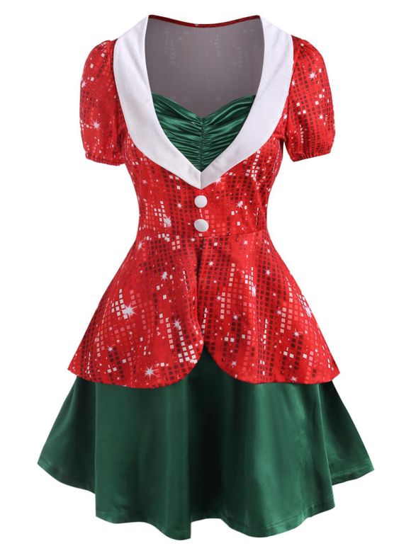 Robe Léopard Imprimé avec Bouton de Noël Plissée Au Dos - Rouge S