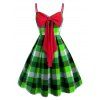 Mini Robe à Bretelle à Carreaux avec Nœud Papillon de Grande Taille - Vert 2X