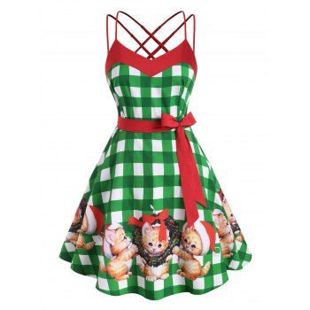 

Plaid Christmas Cat Criss Cross Strappy Plus Size Dress, Green