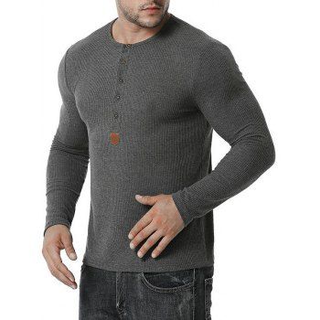 

Jacquard Button Round Collar Long Sleeve T-shirt, Dark gray