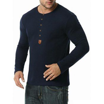 

Jacquard Button Round Collar Long Sleeve T-shirt, Cadetblue