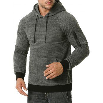 

Raglan Sleeve Zipper Pocket Plaid Emboss Hoodie, Dark gray