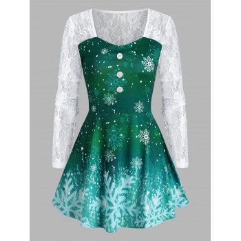 

Christmas Snowflake Lace Insert Mock Button T Shirt, Deep green