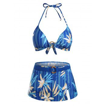 

Striped Flower O Ring Tie Side Three Piece Bikini Swimwear, Blue