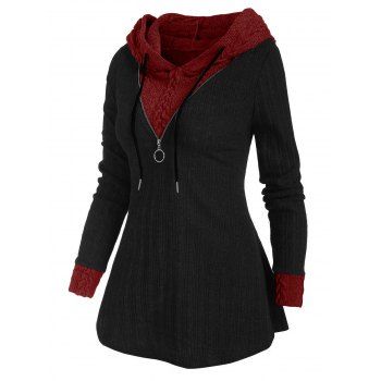 [34% OFF] 2024 Two Tone Hooded Zip Embellished Sweater In BLACK | DressLily