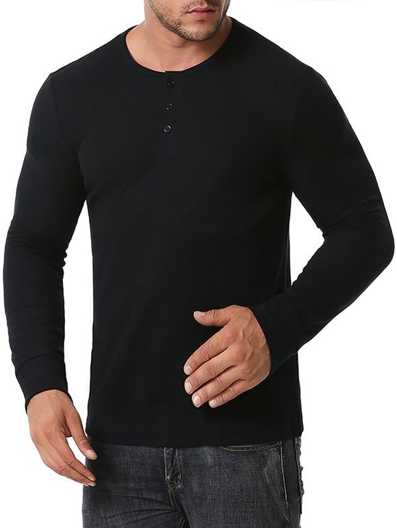 T-shirt Henley Côtelé à Manches Longues - Noir XL
