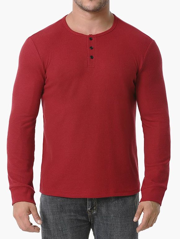T-shirt Henley Côtelé à Manches Longues - Rouge Vineux S