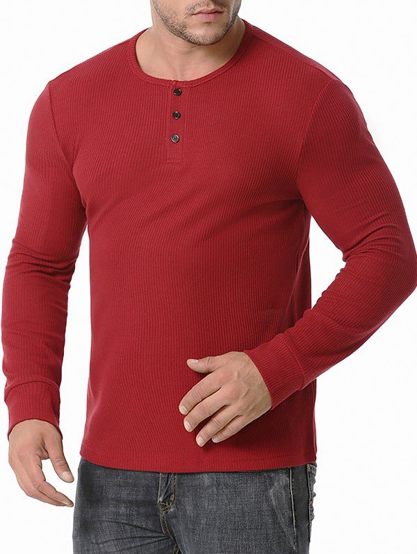 [33% OFF] 2021 Long Sleeve Ribbed Henley T-shirt In RED WINE | DressLily