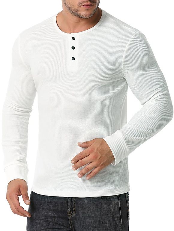 T-shirt Henley Côtelé à Manches Longues - Blanc L