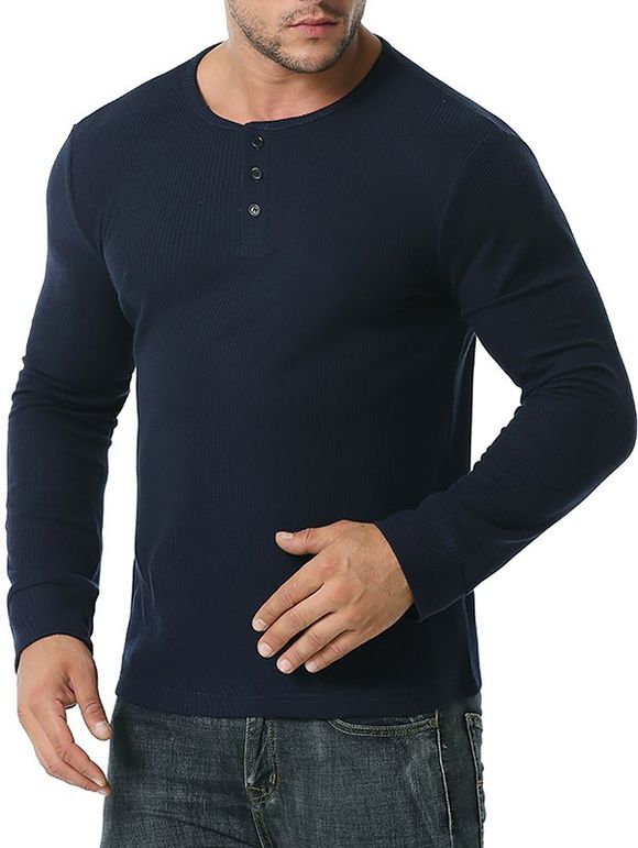 T-shirt Henley Côtelé à Manches Longues - Cadetblue L