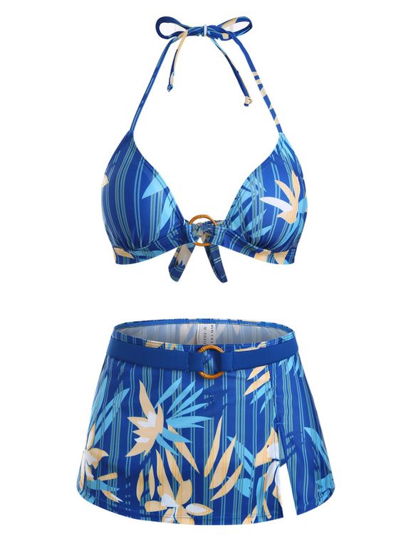 Maillot de Bain Bikini Rayé Noué Fleur à Côté Trois Pièces - Bleu S