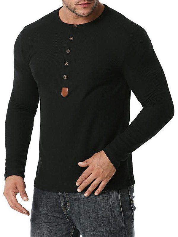 Jacquard Button Round Collar Long Sleeve T-shirt - BLACK M