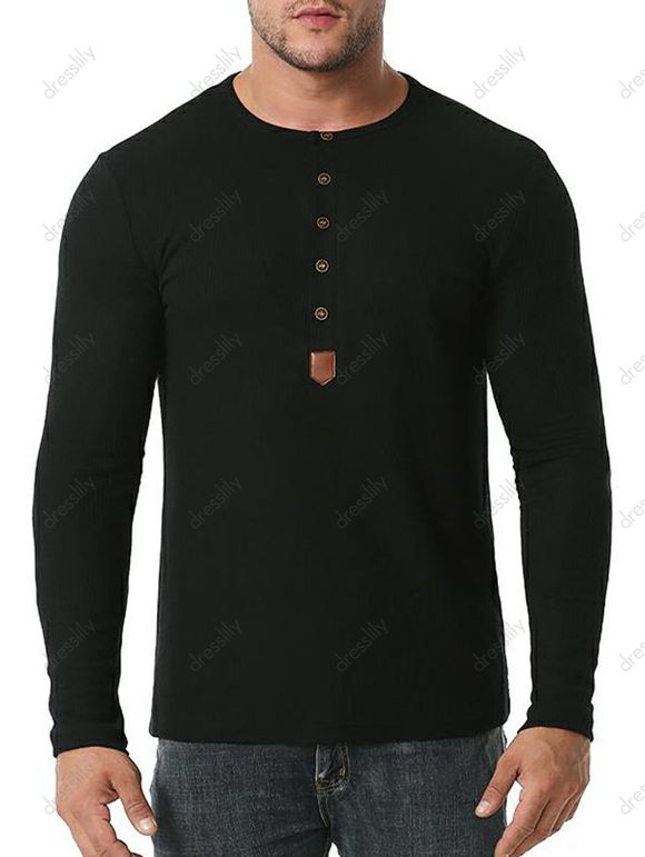 T-shirt Boutonné Jacquard à Col Rond à Manches Longues - Noir M