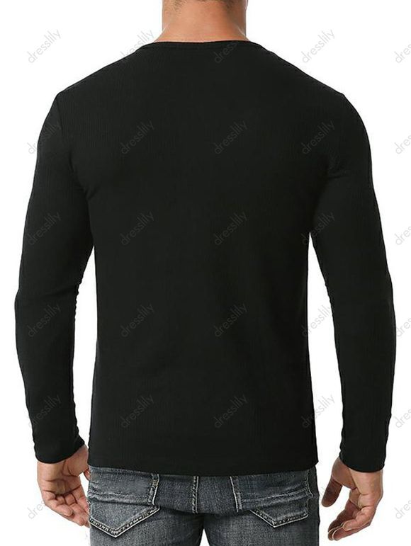 T-shirt Boutonné Jacquard à Col Rond à Manches Longues - Noir M