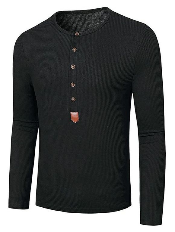 T-shirt Boutonné Jacquard à Col Rond à Manches Longues - Noir M