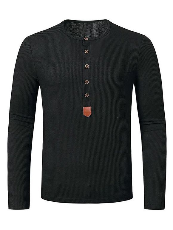 T-shirt Boutonné Jacquard à Col Rond à Manches Longues - Noir M