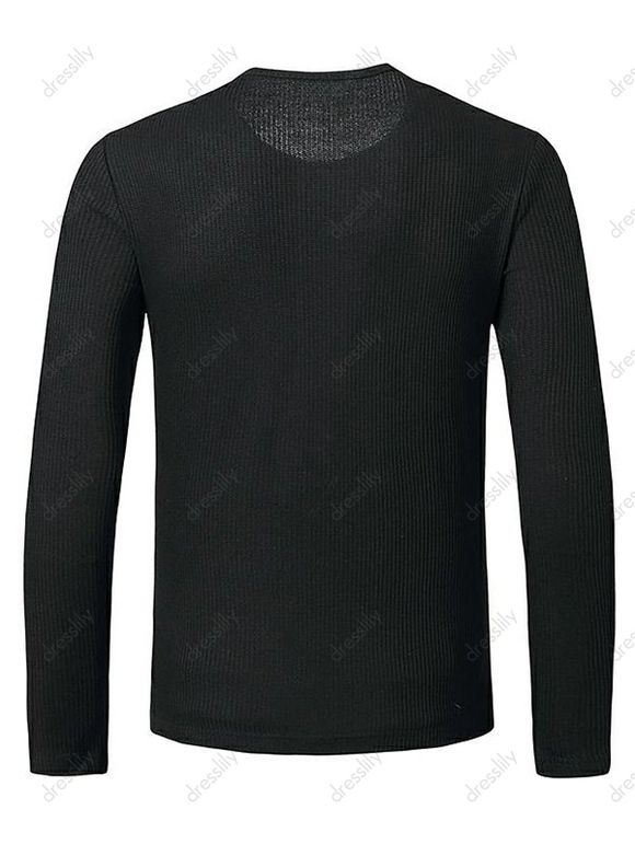 T-shirt Boutonné Jacquard à Col Rond à Manches Longues - Noir M