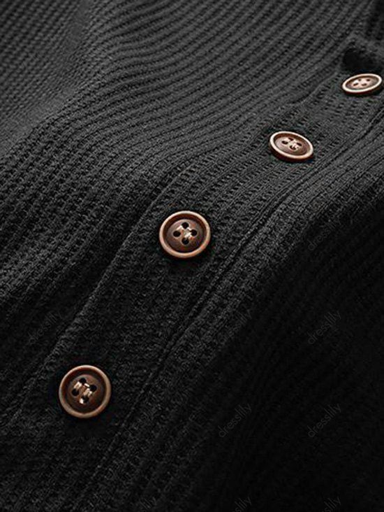T-shirt Boutonné Jacquard à Col Rond à Manches Longues - Noir M
