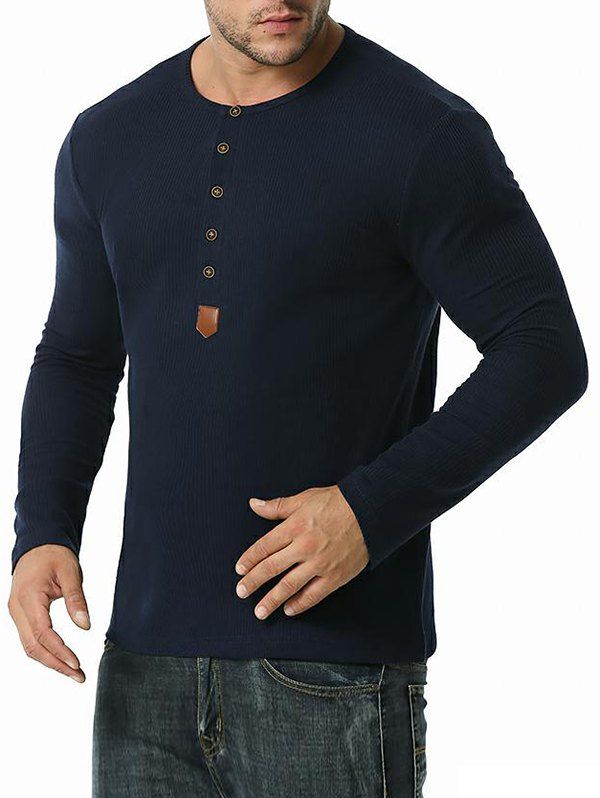 Jacquard Button Round Collar Long Sleeve T-shirt - CADETBLUE XXL