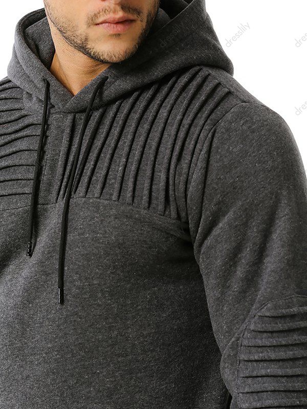 [37 OFF] 2021 Elbow Patch Pintuck Detail Fleece Hoodie In DARK GRAY