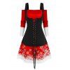 Robe de Noël à Imprimé Flocon de Neige à Epaule Dénudée à Lacets - Rouge L