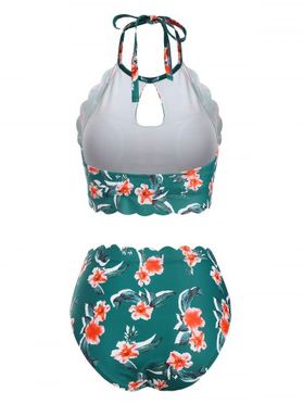 Halter Scalloped Hem Keyhole Floral Tankini Swimwear