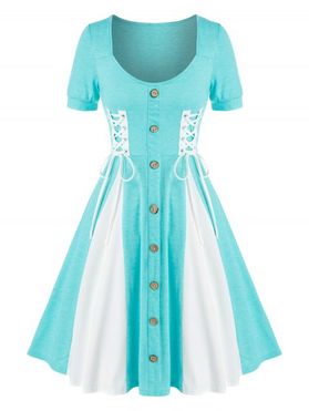 Colorblock Godet Dress Lace Up Mock Buttons Fit And Flare Dress Short Sleeve Heathered Dress