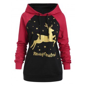 

Plus Size Raglan Sleeve Christmas Elk Print Hoodie, Red