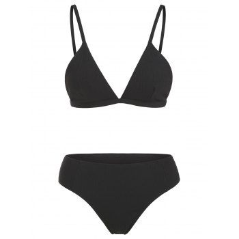 

Textured Ribbed Triangular Cups Full Coverage Bikini Swimwear, Black
