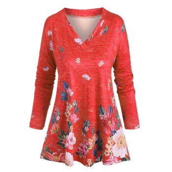 

Plus Size Floral Print V Neck T Shirt, Red