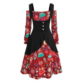 

Plus Size Off The Shoulder Christmas Print Dress and Top Set, Deep red