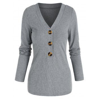 

V Neck Mock Button Ribbed Sweater, Light gray