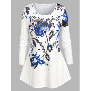 

Plus Size Flower Print Long Sleeve Tunic Tee, White