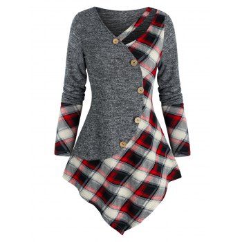 

Mock Button Plaid Pattern Pointed Hem Sweater, Gray