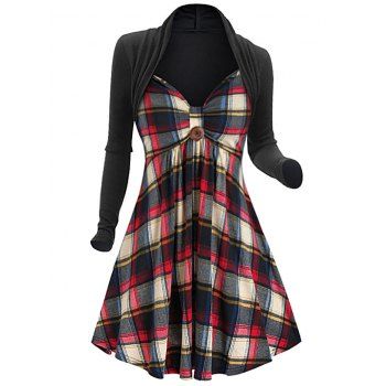 

Long Sleeve Plaid Print Twofer Dress, Black