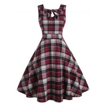 

Plus Size Bow Tie Plaid Flare Dress, Light pink