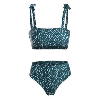 

Polka Dot Print Tie Shoulder Padded Bikini Set, Deep green