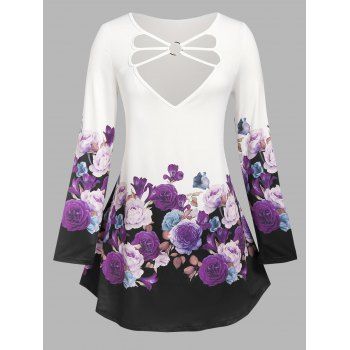 

Plus Size O Ring Strappy Floral Print T Shirt, White